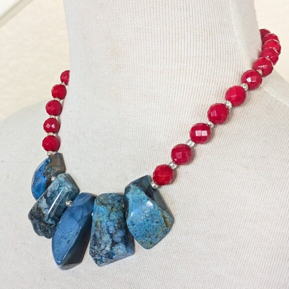 Elegant Southwestern Teal Blue & Red Coral Bib Statement Necklace - Picture 2 of 3